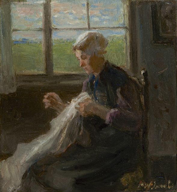 Israëls J.  | Woman sewing near the window, oil on panel 30.0 x 27.7 cm, signed l.r. and painted ca. 1890-1900