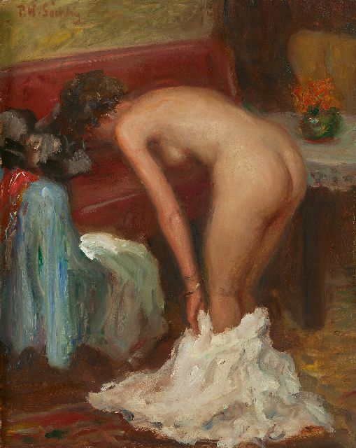Söchtig P.W.  | A female nude standing in a boudoir, oil on board 50.3 x 40.1 cm, signed u.l.