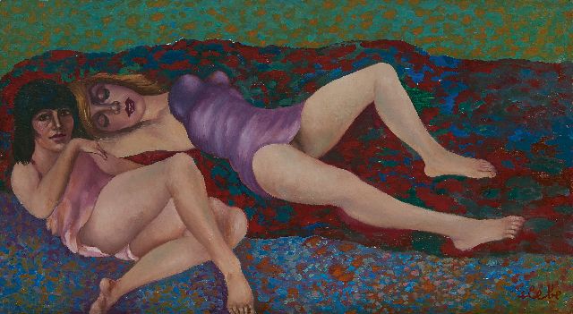 Slebe (Ferdinand Joseph Sleebe) F.  | Two women on the sofa, oil on panel 30.0 x 54.2 cm, signed l.r.