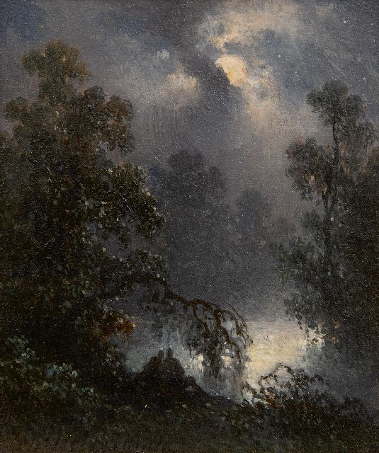 Johannes Hilverdink | A pond with two figures by moonlight, oil on panel, 10.8 x 9.1 cm, signed l.l.