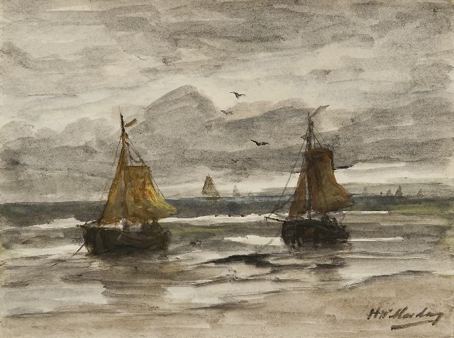 Mesdag H.W.  | Two fishing barges at anchor in the surf, watercolour on paper 18.1 x 24.1 cm, signed l.r.
