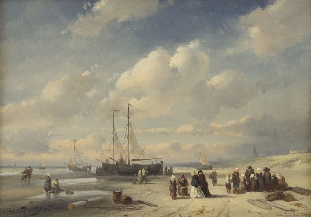 Charles Leickert | Fish market on the beach of Scheveningen, oil on panel, 19.2 x 27.0 cm, signed l.r. and painted late 1850s