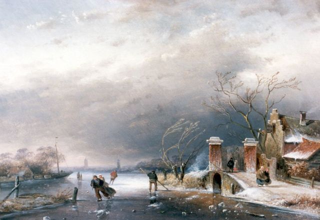 Leickert C.H.J.  | A winter landscape with skaters on the ice, oil on panel 20.2 x 28.5 cm