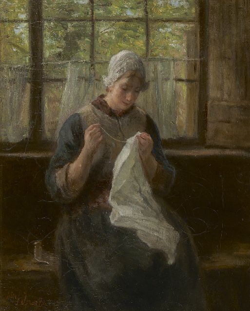 Israëls J.  | A woman knitting, oil on canvas 56.6 x 45.3 cm, signed l.l.