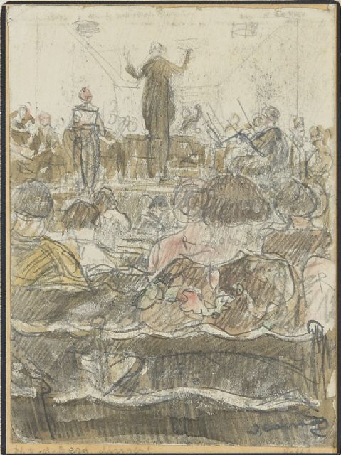 Cossaar J.C.W.  | The conductor H. v.d. Berg leading a orchestra, drawing on paper 15.5 x 11.5 cm, signed l.r.