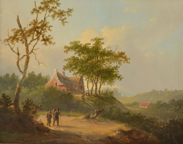 Stok J. van der | Travellers in an extensive summer landscape, oil on panel 25.7 x 32.6 cm