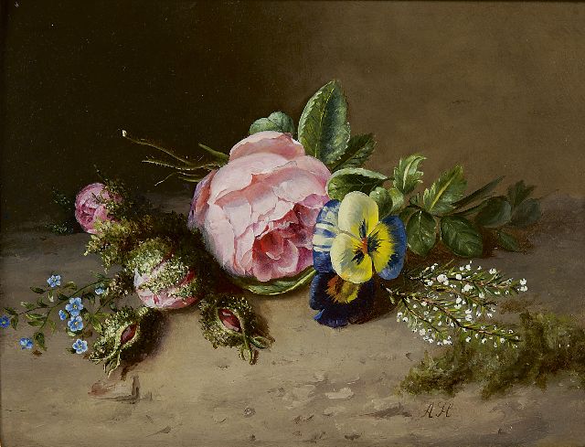 Haanen A.J.  | A flower still life, oil on panel 25.7 x 33.0 cm, signed l.r. with initials
