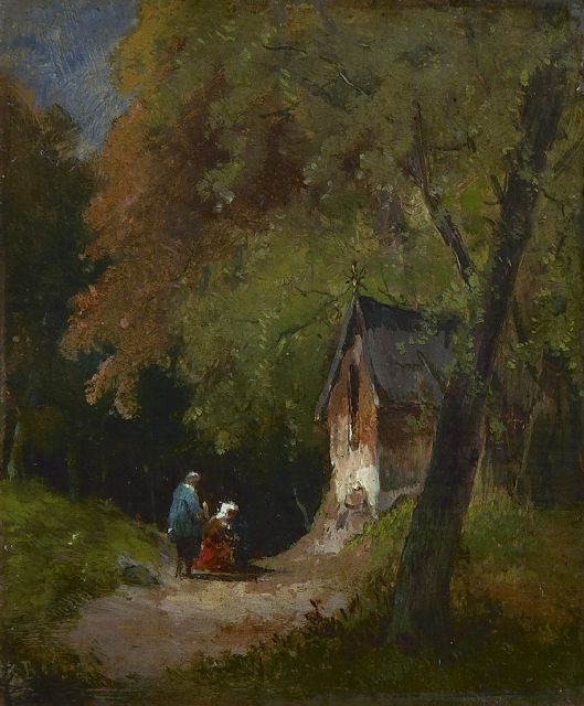 Frans Breuhaus de Groot | A wooded landscape with travellers by a chapel, oil on panel, 11.5 x 9.7 cm, signed l.l. with initials