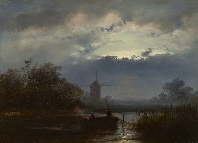 Hoppenbrouwers J.F.  | A moonlit river landscape with fishermen, oil on panel 18.8 x 26.4 cm, signed l.l. with initials