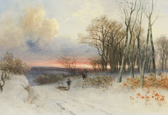 Piet Schipperus | Wood gatherers in a snowy landscape, watercolour on paper, 40.0 x 50.0 cm, signed l.l.