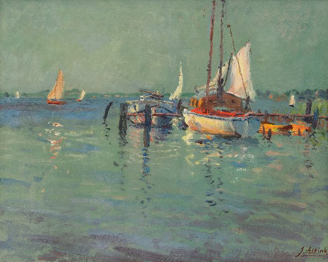 Jan Altink | Moored ships on the Paterswolde Lake, oil on canvas, 40.4 x 50.3 cm, signed l.r.