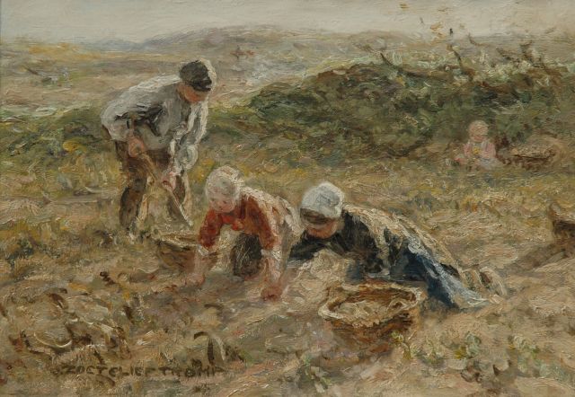 Zoetelief Tromp J.  | Digging up potatoes in the dunes near Katwijk, oil on canvas 25.5 x 35.3 cm, signed l.l.