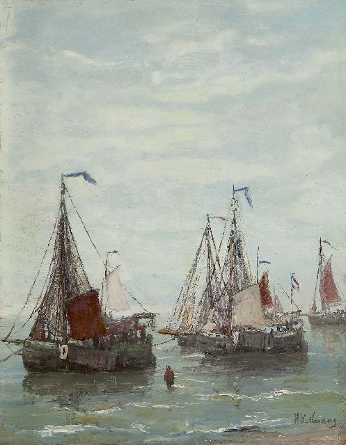 Mesdag H.W.  | Fishing boats anchored off the beach, oil on panel 32.2 x 25.2 cm, signed l.r. and painted ca. 1885