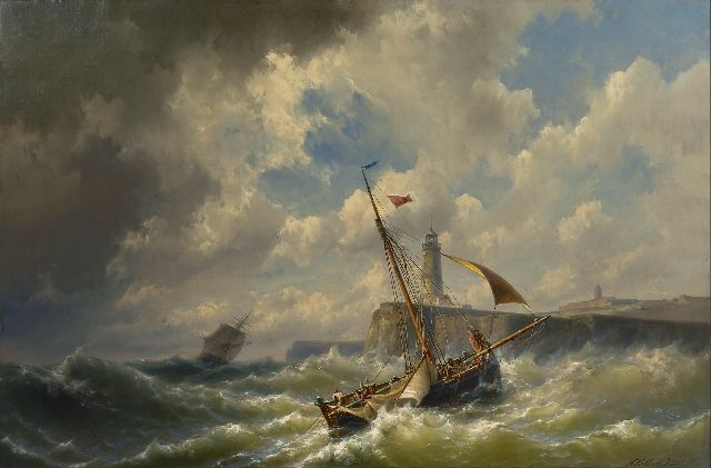 Koekkoek jr. H.  | Entering the harbour in a storm, oil on canvas 84.6 x 128.8 cm, signed l.r. and dated 1860