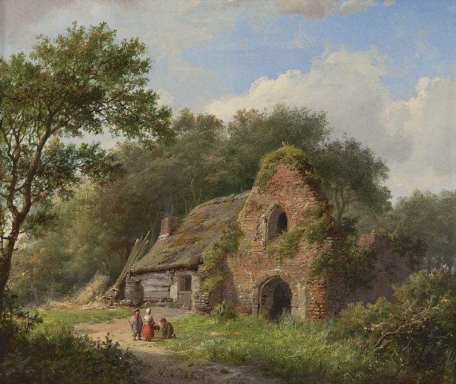 Koekkoek H.  | Land folk near a ruin, oil on panel 17.4 x 20.4 cm, signed l.c. and dated '59