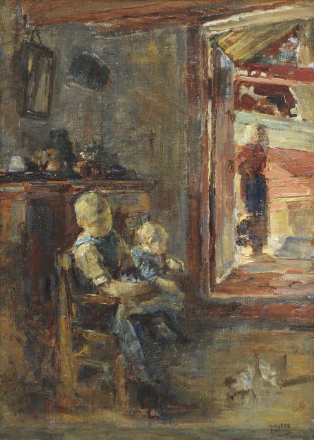 Mélis H.J.  | Interior with woman and children, Zeeland, oil on canvas 52.5 x 37.3 cm, signed l.r.