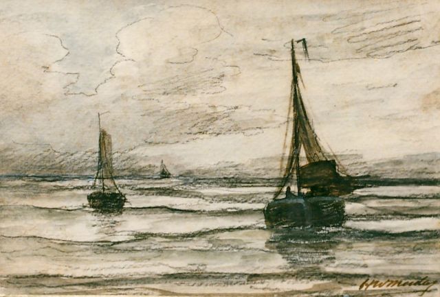 Mesdag H.W.  | 'Bomschuiten' in the surf, pencil and watercolour on paper 13.5 x 19.5 cm, signed l.r.