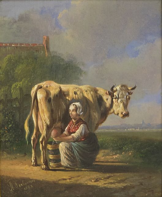 Verhoesen A.  | A peasant woman milking a cow, oil on panel 12.5 x 10.4 cm, signed l.l. and dated 1863
