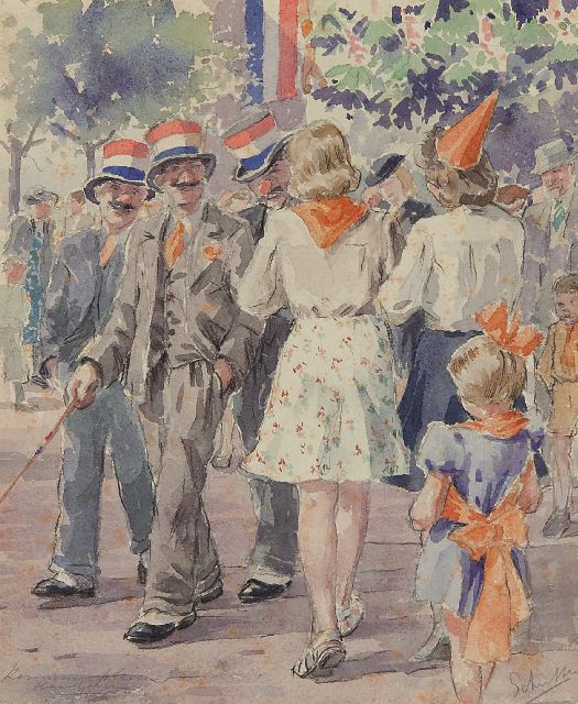 Louis Schutte | Celebrating the Queen's Birthday on the Kennemerplein in Haarlem, chalk and watercolour on paper, 25.4 x 20.9 cm, signed l.r.