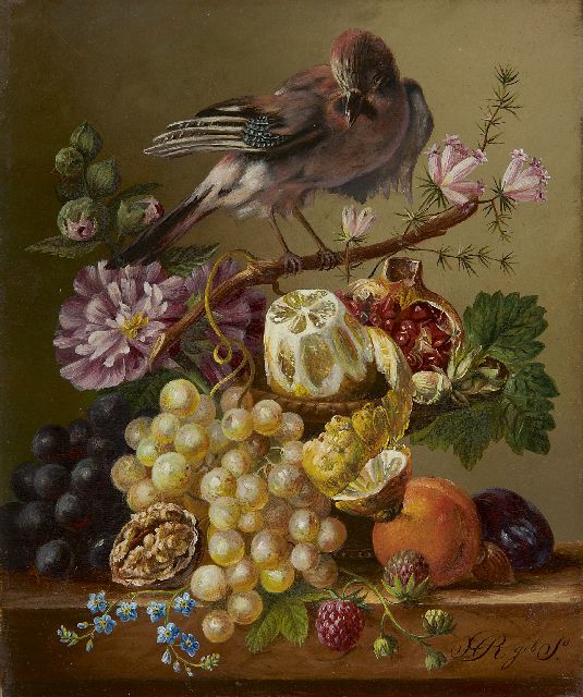 Onbekend   | A still life with fruit and a bird on a branch, oil on panel 21.5 x 18.0 cm, signed l.r.  'H R geb. S'