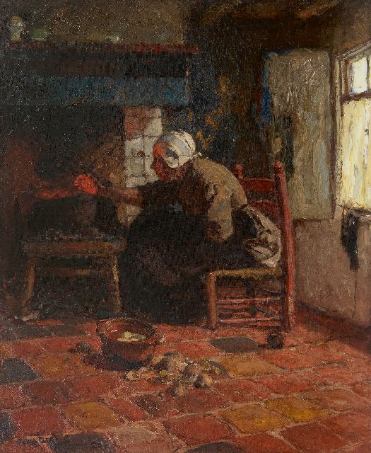 Hans von Bartels | A woman from Katwijk near the fireplace, oil on canvas, 67.3 x 55.0 cm, signed l.l.
