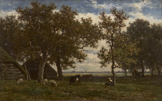 Roelofs W.  | Farmstead with shepherdess, cows and sheep, oil on panel 23.2 x 36.0 cm, signed l.l. and painted ca. 1861-1867