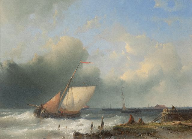 Abraham Hulk | Ships sailing off the coast, oil on panel, 26.6 x 36.2 cm, signed l.r.