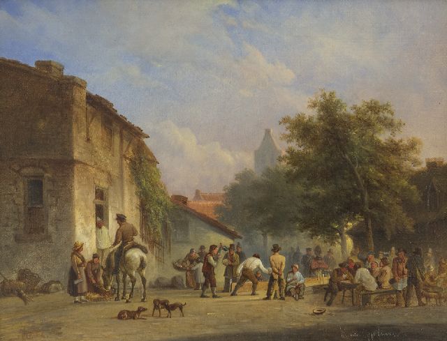 Gijselman W.  | Playing skittles on the village square, oil on canvas 17.9 x 23.0 cm, signed l.r.