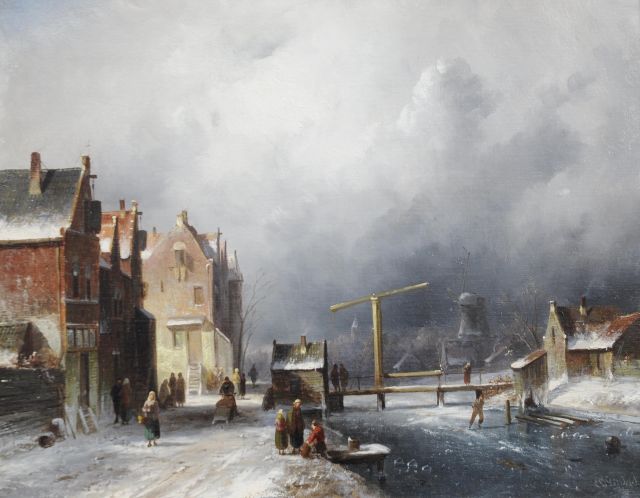 Leickert C.H.J.  | A Dutch town in winter, oil on canvas 35.2 x 44.4 cm, signed l.r.