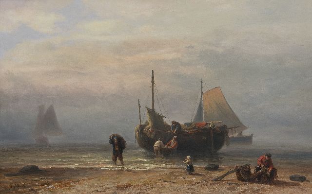 Israëls J.  | Fishing boat on the beach (probably Zandvoort), oil on panel 45.0 x 72.1 cm, signed l.l. and on label on the reverse