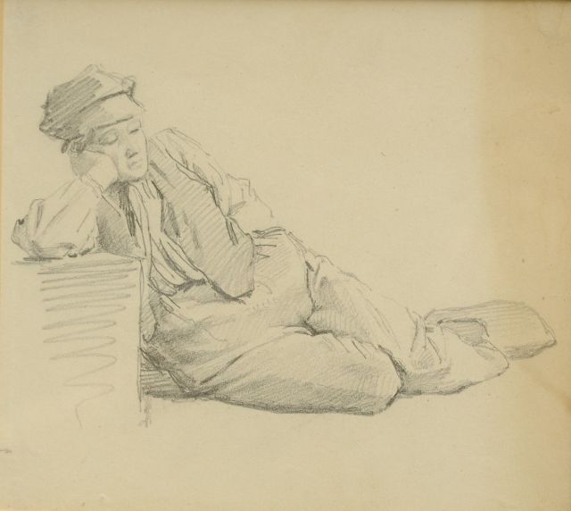 Koekkoek B.C.  | Study of a sleeping farm boy, chalk on paper 14.3 x 15.9 cm