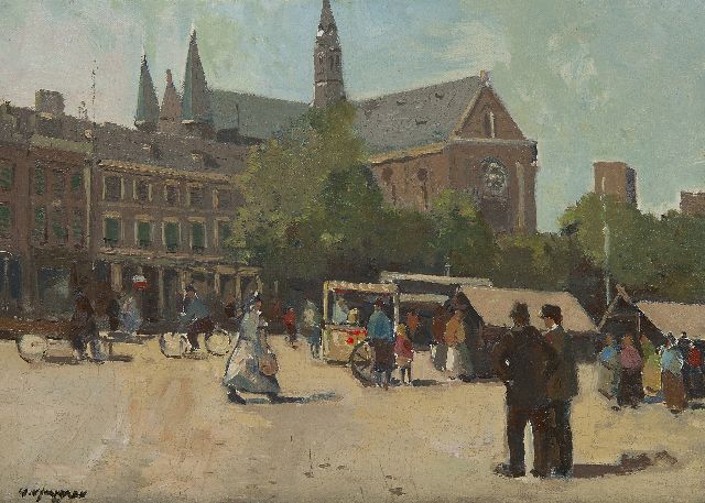 Jeveren G. van | Market day near the Bosjeskerk in Rotterdam, oil on canvas 25.3 x 35.3 cm, signed l.l.