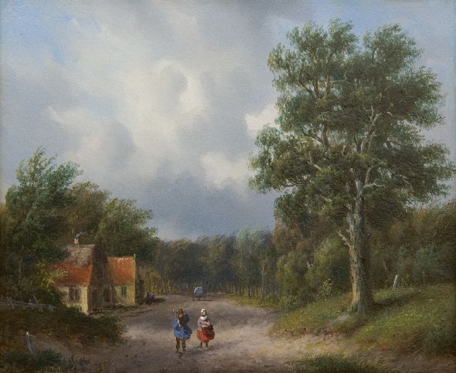 Ahrendts C.E.  | A wooded country road with landfolk, oil on panel 21.7 x 25.8 cm, signed l.r. remnants of signature