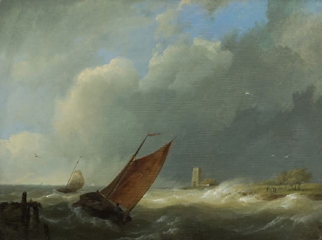 Koekkoek H.  | Sailing vessels in choppy coastal waters, oil on panel 18.7 x 24.8 cm, signed l.l. with initials