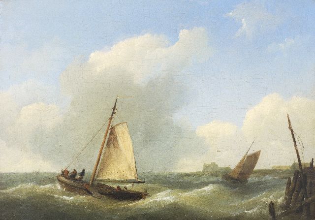 Koekkoek H.  | Fishing boats on a choppy sea near Vlissingen, oil on panel 17.0 x 23.5 cm, signed l.r. with initials