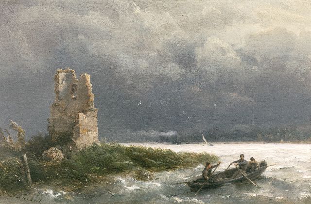 Koekkoek H.  | A rowing boat on a river by stormy weather, oil on panel 14.7 x 22.1 cm, signed l.l.