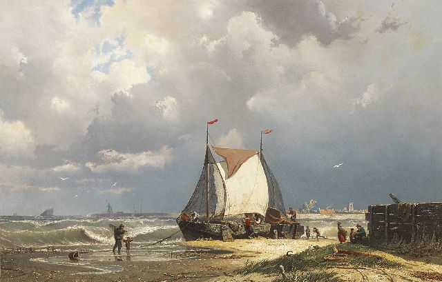 Greive J.C.  | Barges near Uitdam, the tower of Ransdorp in the distance, oil on canvas 55.8 x 85.5 cm, signed l.l.
