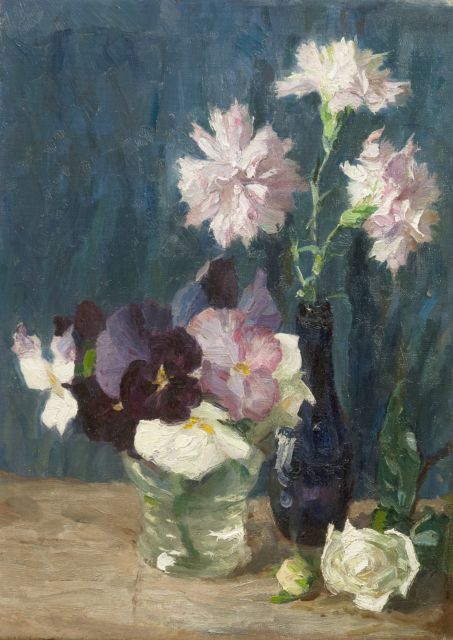 Vaarzon Morel W.F.A.I.  | A flower still life with carnations and violets, oil on canvas 36.4 x 28.5 cm, signed u.r.
