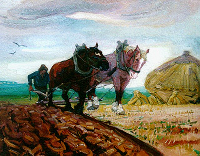 Gouwe A.H.  | A ploughing farmer, oil on canvas 59.2 x 74.0 cm, signed l.l.