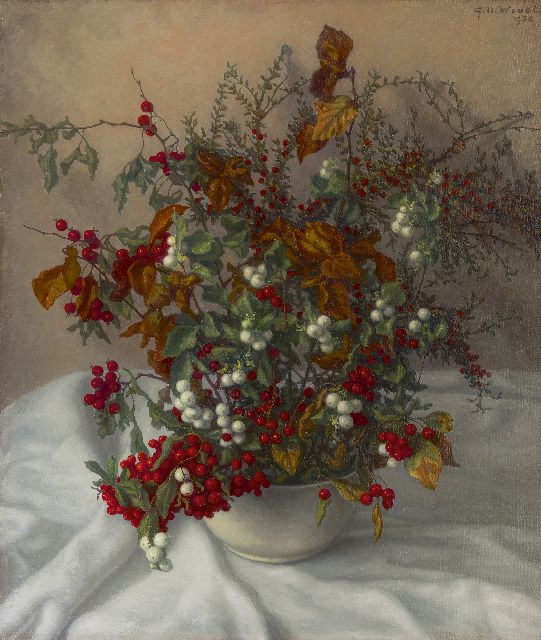 Woudt G.N.  | Still life with berries, oil on canvas 65.2 x 55.4 cm, signed u.r. and dated 1956
