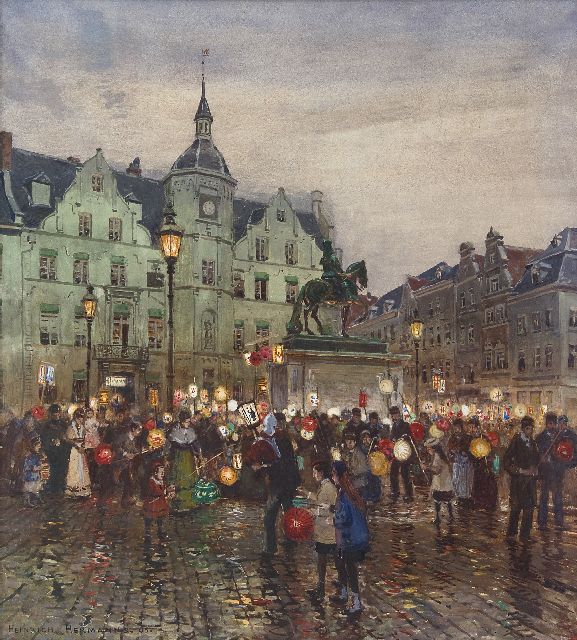 Hermanns H.  | Saint Martin procession in front of the Düsseldorf town hall, watercolour and gouache on paper 58.2 x 52.3 cm, signed l.l. and dated '05