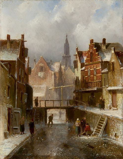 Leickert C.H.J.  | Ice skating at a canal, Amsterdam, oil on panel 27.0 x 20.9 cm, signed l.r.