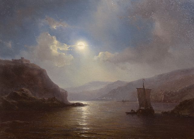 Louis Meijer | A moonlit river landscape with a sailing ship, oil on panel, 30.0 x 41.4 cm, signed l.r.