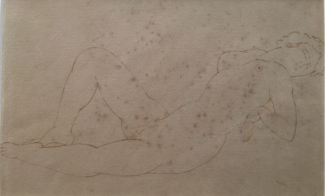 Kelder A.B.  | Reclining nude, pen and ink on paper (on board) 19.6 x 29.8 cm, signed l.r.