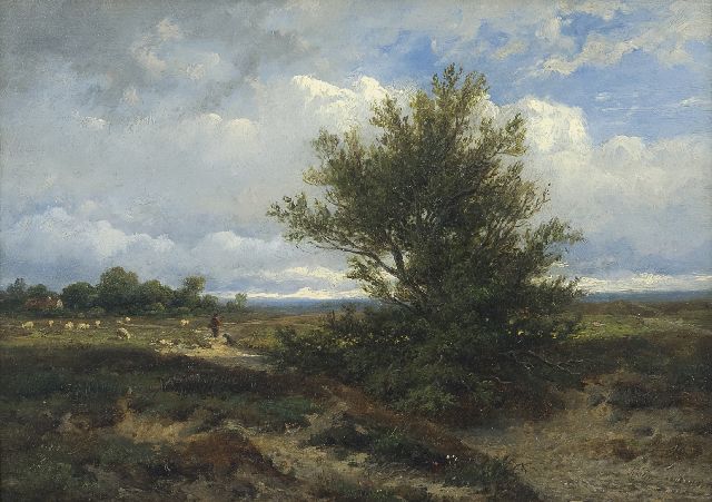 Wijngaerdt A.J. van | A landscape with shepherd and his flock, oil on panel 22.3 x 31.0 cm, signed l.r. and dated 1865