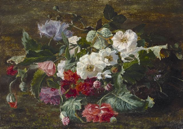 Hollandse School, 19e eeuw   | Roses and poppies on the forest ground, oil on canvas 45.0 x 62.8 cm, signed l.r. and dated 1866