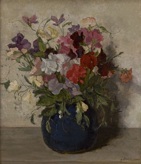 Akkeringa J.E.H.  | Sweet pea in a blue vase, oil on panel 32.4 x 28.2 cm, signed l.r. and on the reverse and dated 15 Oct 1937 on the reverse