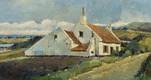 Wim Veltman | Wit huis in Limburgs landschap, olieverf op board, 52,4 x 94,8 cm