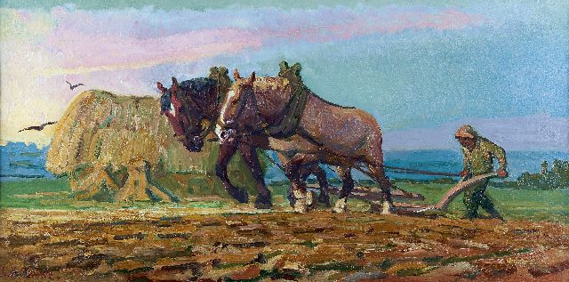 Gouwe A.H.  | Ploughing horses and farmer, oil on canvas 43.3 x 85.5 cm, signed l.l.