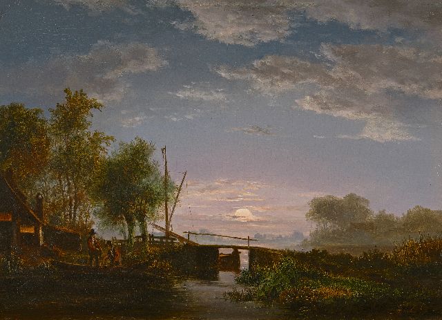 Abels J.Th.  | Fishermen in a moonlit river landscape, oil on panel 21.5 x 29.3 cm, signed l.r.